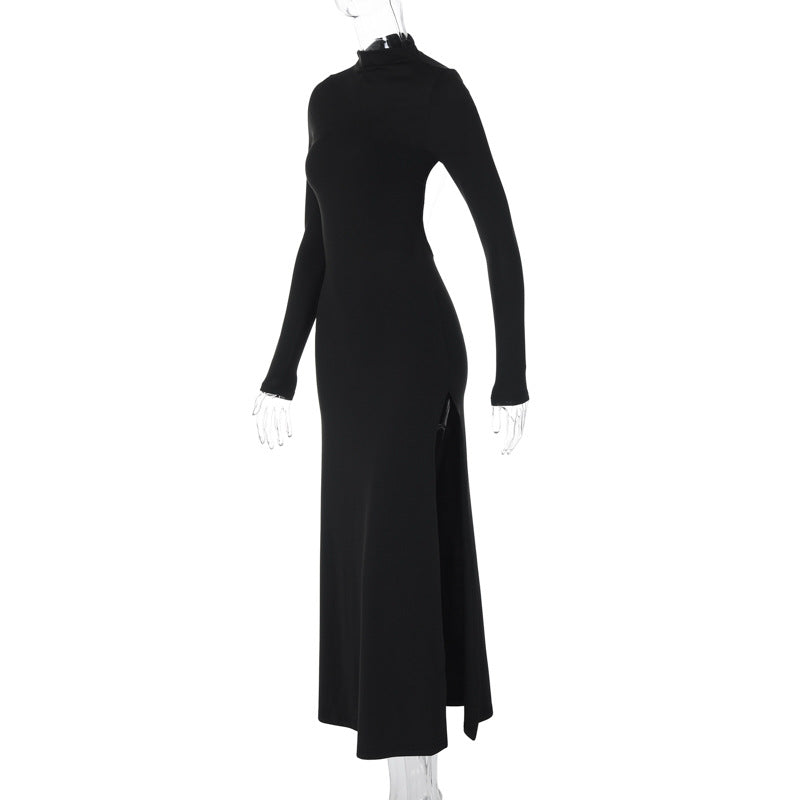 Women Long Sleeve High Neck Sexy Backless Slit Dress 10
