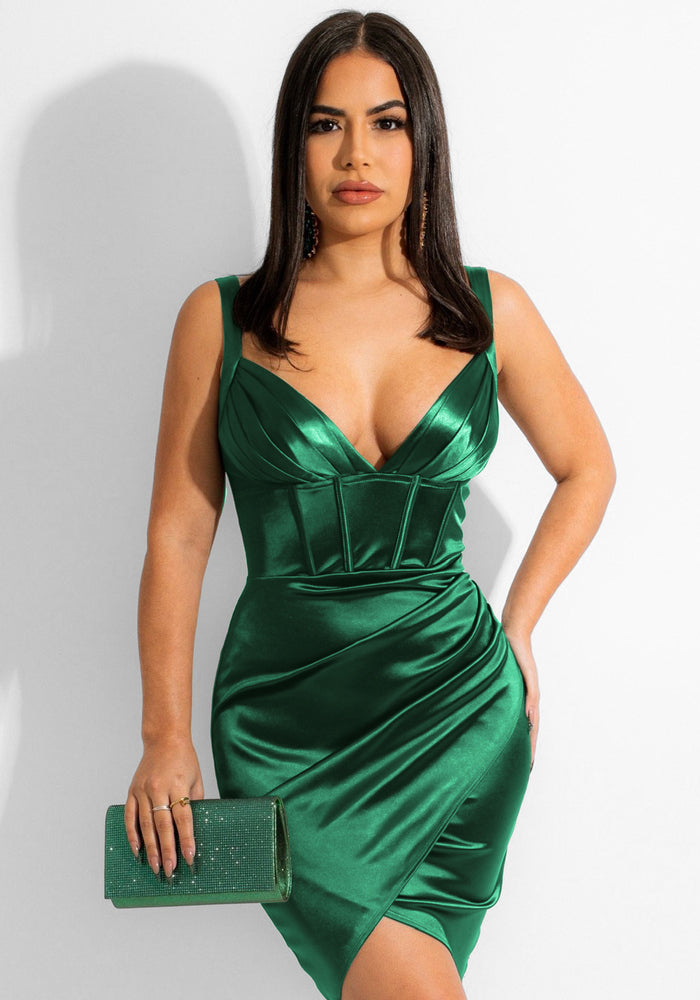Women Summer Green Sexy V-neck Sleeveless Solid color Satin Mini Bodycon Dress
