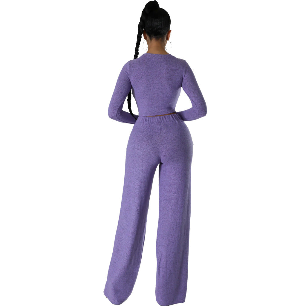 Sexy Fashionable Solid Color Round Neck Long Sleeve Two-Piece Pants Set 6