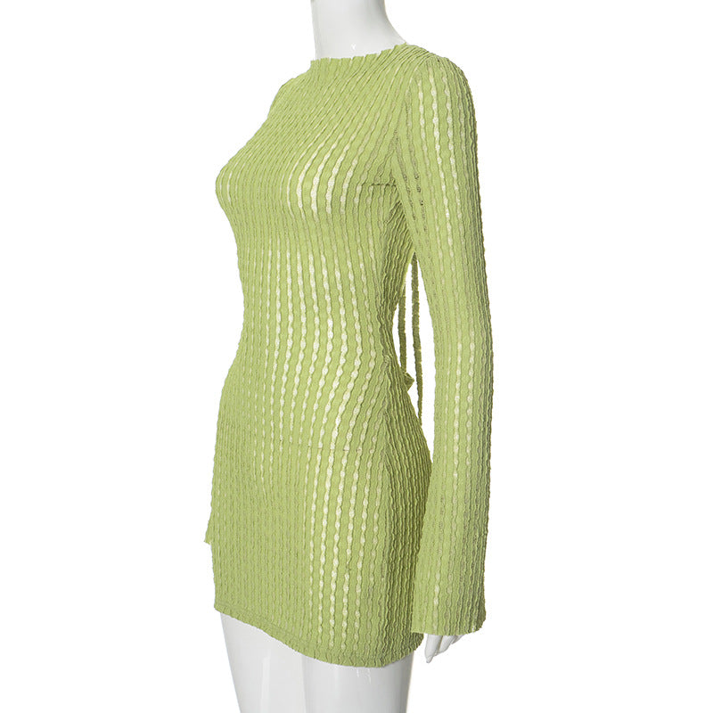 Women's Summer Solid Color Low Back Long Sleeve Slim High Waist Knitting Short Dress 11