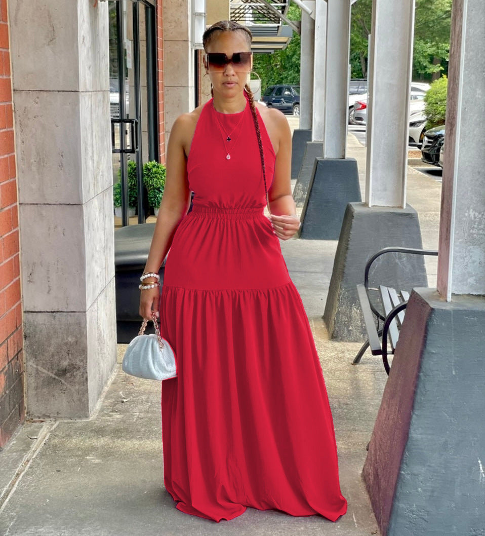 Women's Suspenders Solid Color Sleeveless Sexy Leak Back Large Long Dress