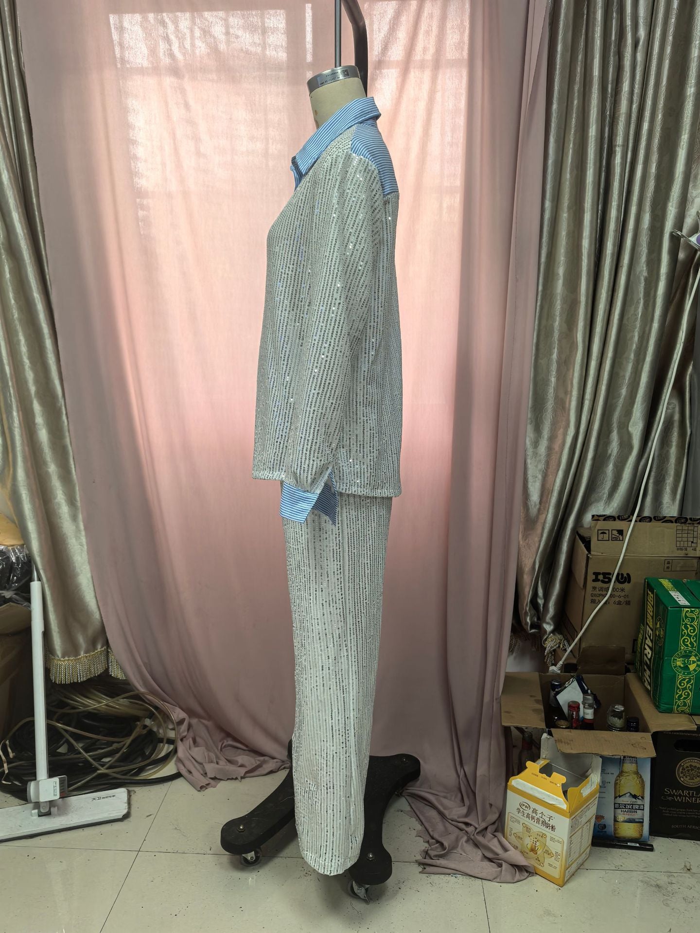 Women Casual Sequin Blazer and Wide-Leg Pants Two-Piece Set 11