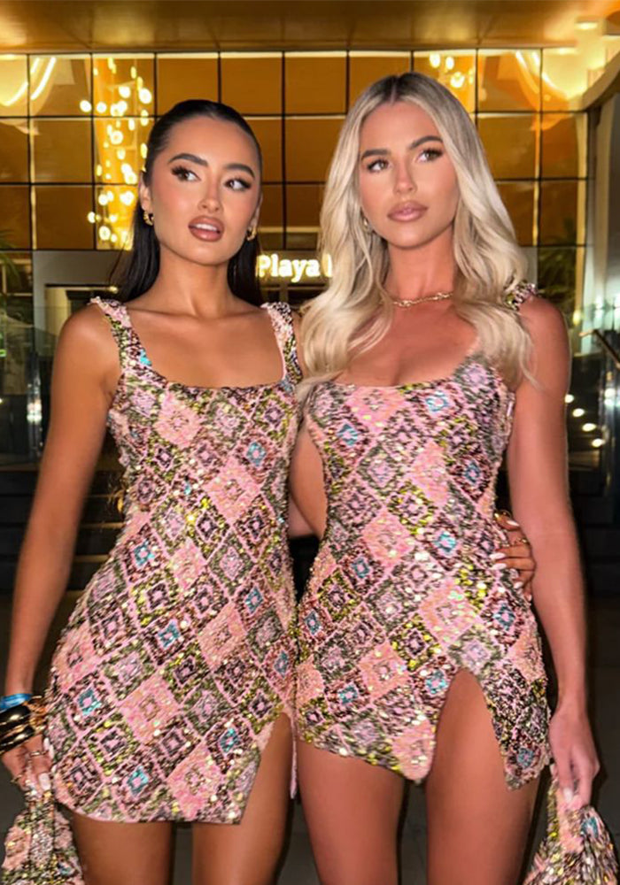 Spring Summer Multi-Color Flower Diamond Plaid Sequin Slit Bodycon Sexy Dress