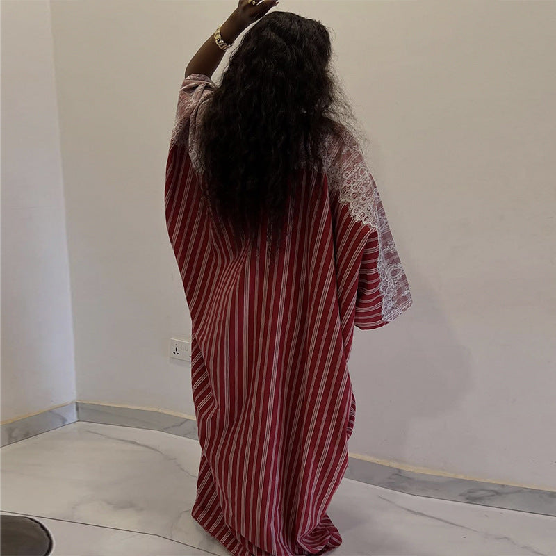 Women Summer Lace V-Neck Striped Dress 4