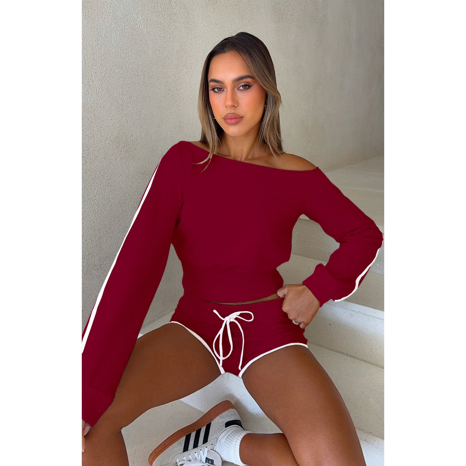 Women's Casual Slash Shoulder Long Sleeve Top Drawstring Shorts Two-Piece Set 46