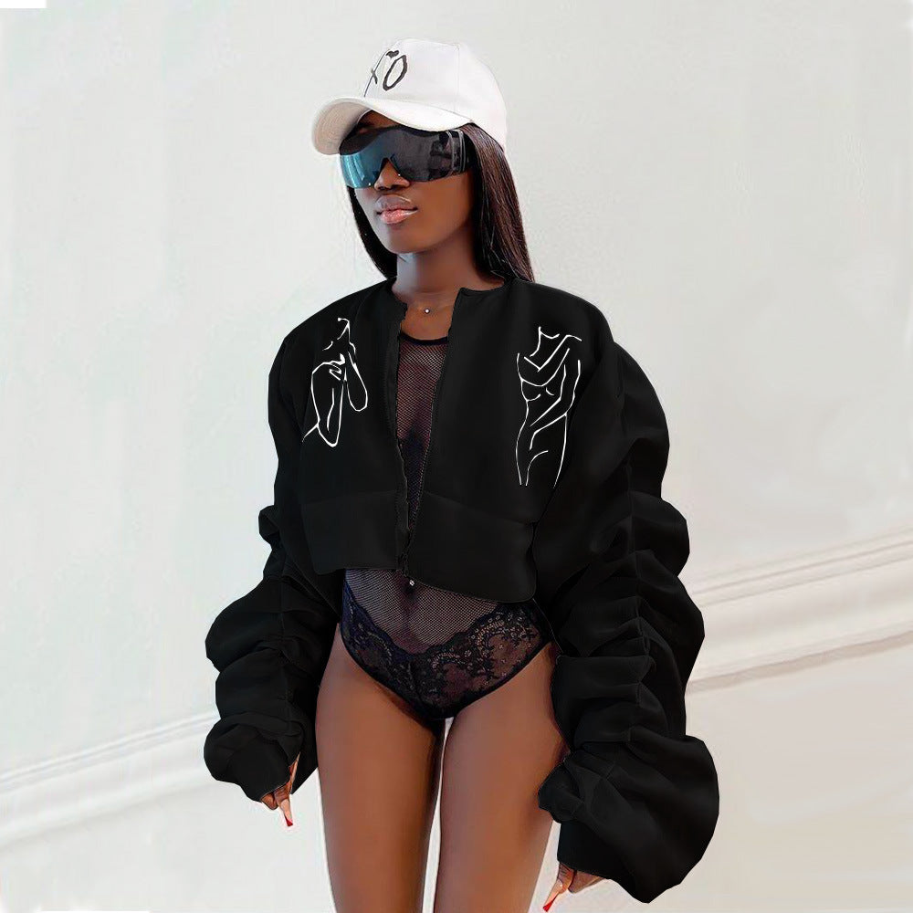 Women Sexy Printed Line Puff Sleeve Top 3