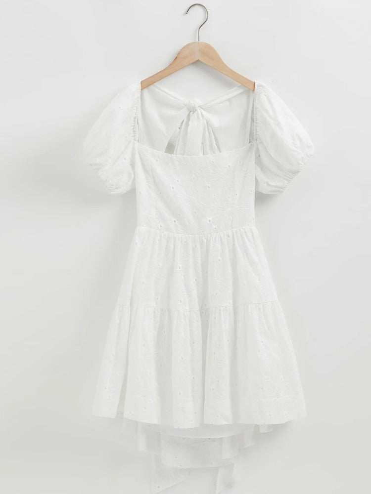 Women White Square Neck Backless Flower Bow Dress 6