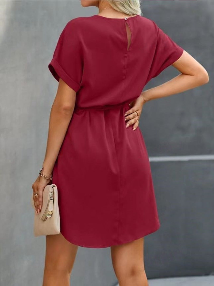 Women Lace-up Waist Short Sleeve Dress 4