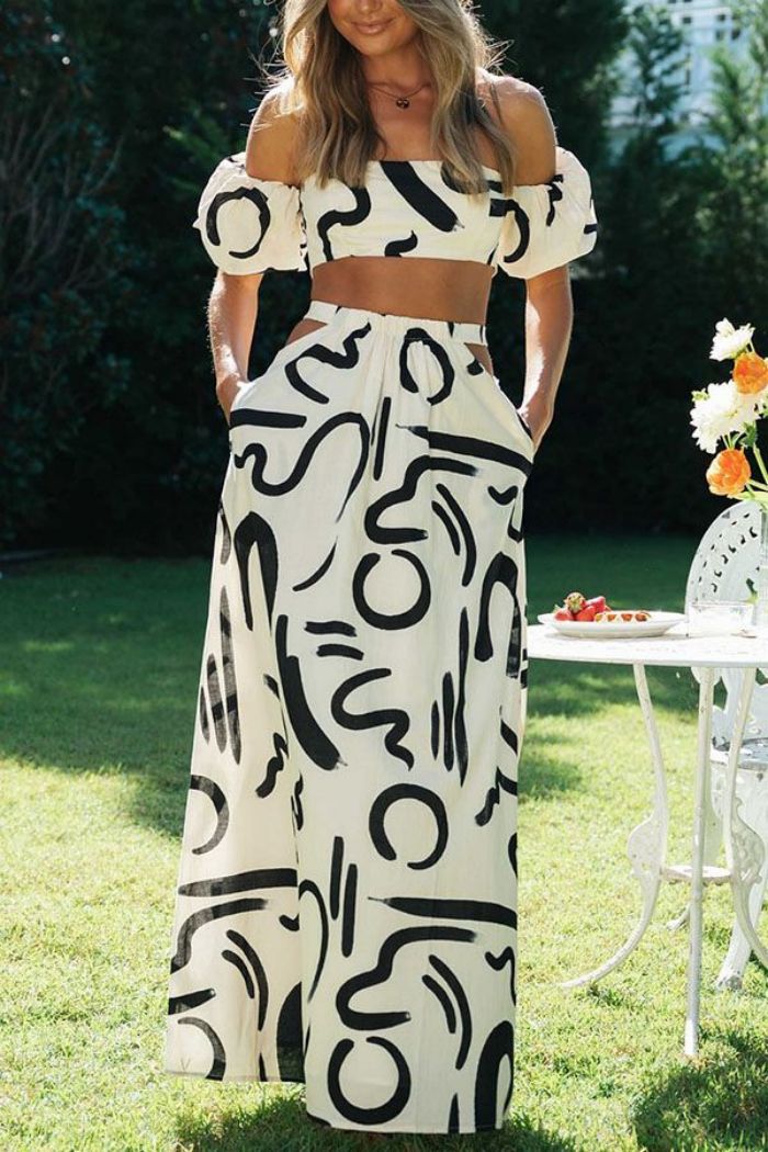 Women's Summer Puff Sleeve Top Hollow Long Swing Skirt Two Pieces Set 9