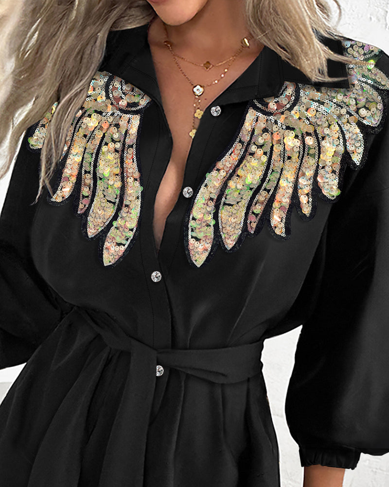 Women Sexy Wing Sequin Long Sleeve Shirt Dress 5