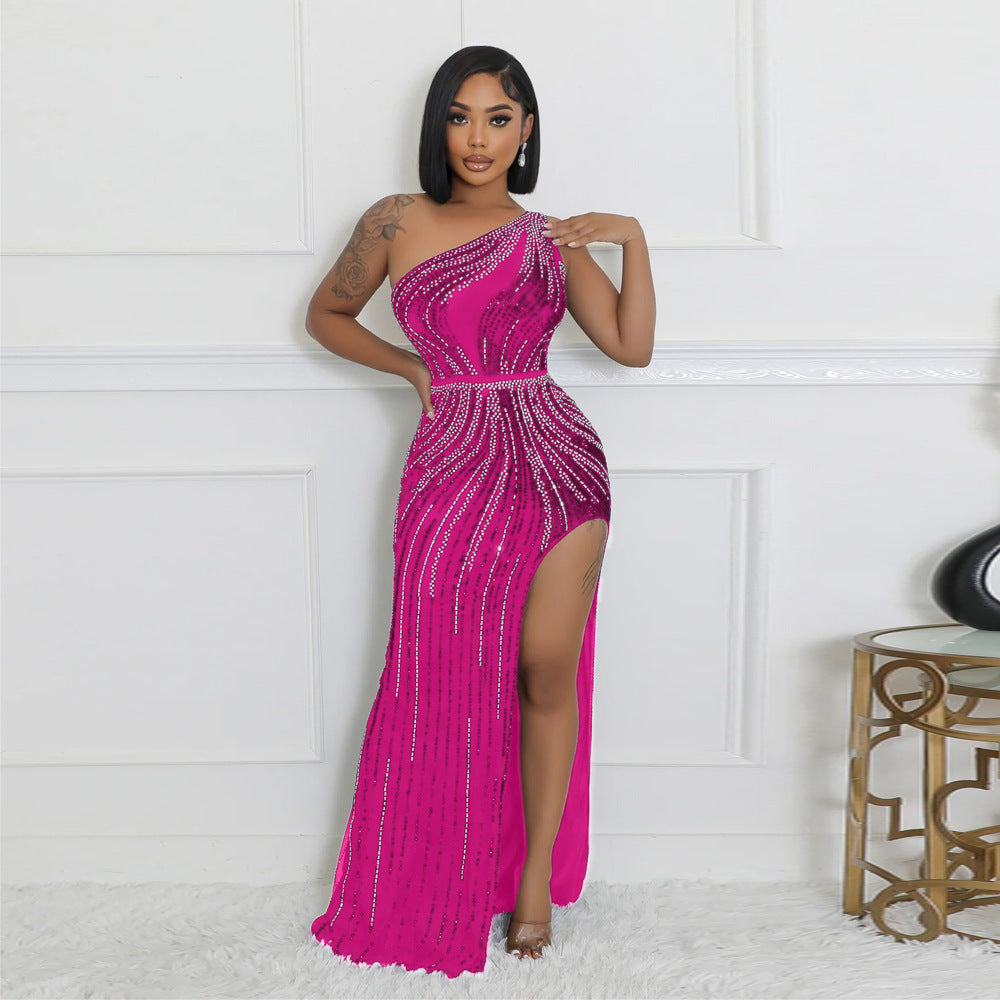 Women Sexy Slash Shoulder Beaded Slit Dress 13