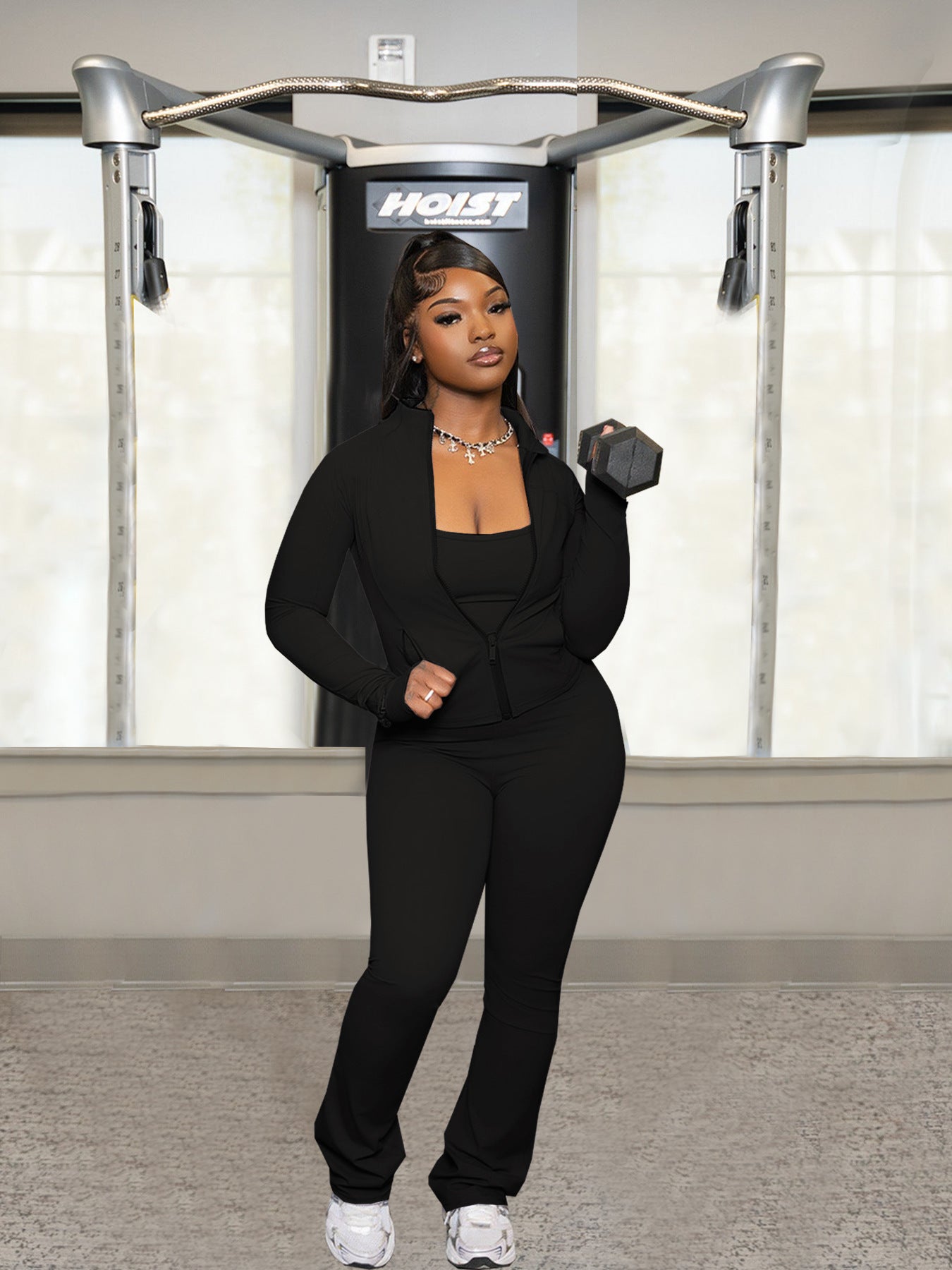 Women's Fashion Solid Color Pocket Zipper High Collar Jacket Casual Jumpsuit Sports Two-Piece Set 7