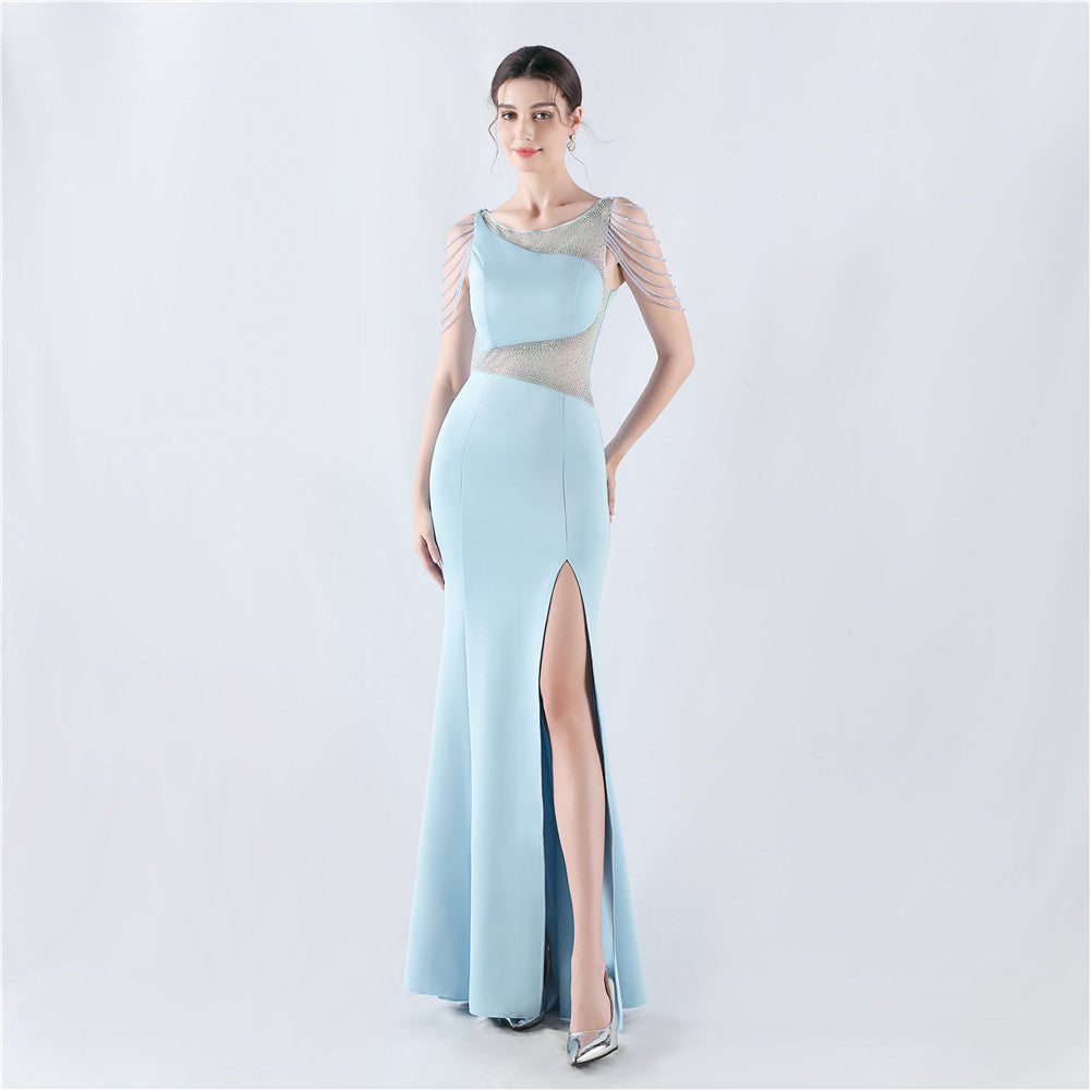 Women Beaded See-Through Mesh Split Evening Dress