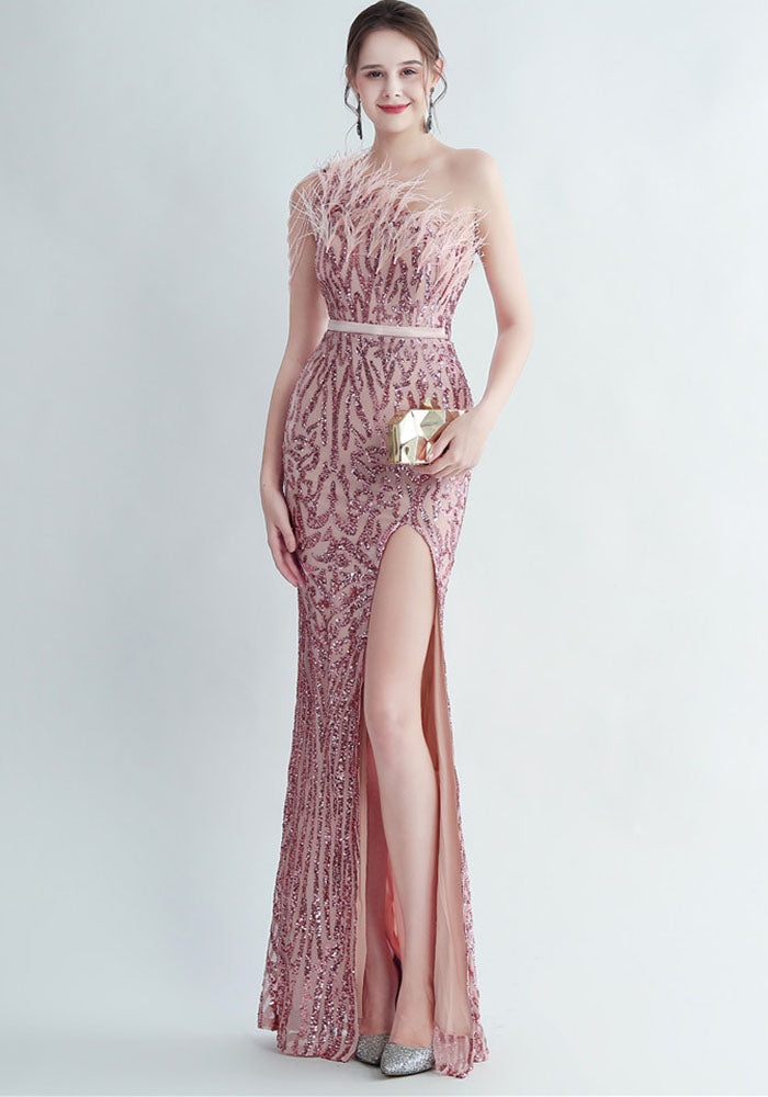 Women Ostrich Beaded Feather Slash Shoulder Side Slit Evening Dress