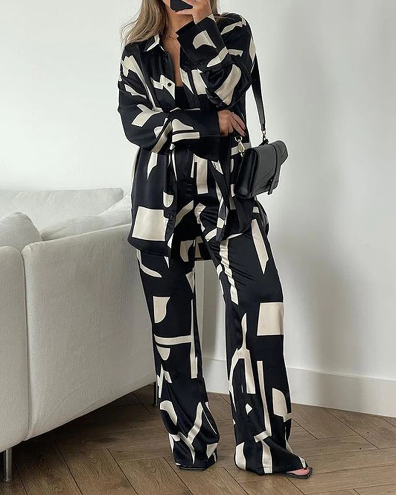 Women loose long-sleeved shirt and high-waist wide-leg pants two-piece set 3