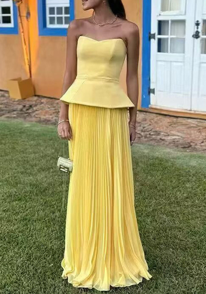 Women summer sleeveless strapless top pleated skirt two-piece set