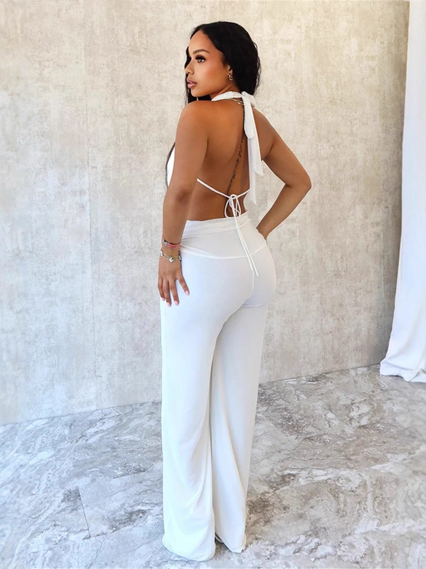 Women's Sexy Halter Neck Back Tie-Detail Sheer Mesh Two-Piece Pants Set 3