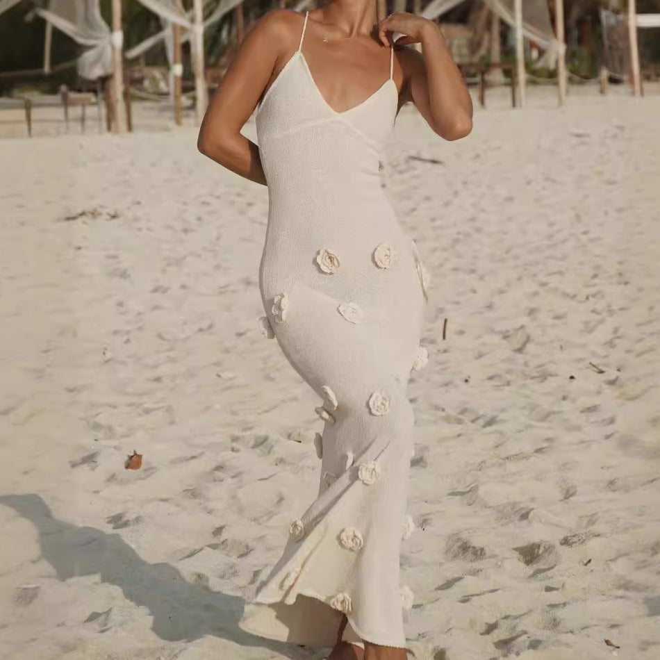 Women's Strap Low Back Flower Knitting Sexy Long Dress 6