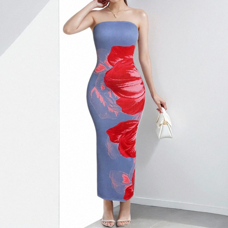 Women Spring elegant floral Strapless print Maxi Dress 11