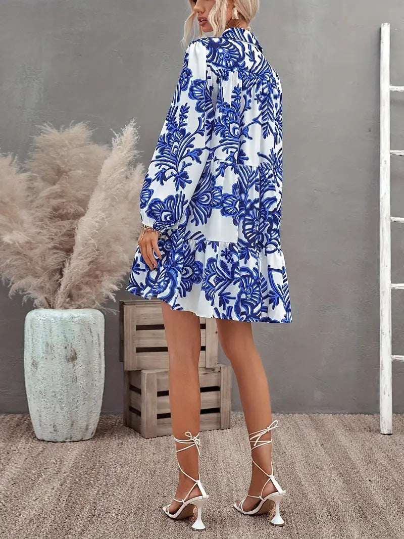 Women Elegant Print Turndown Collar Shirt Dress