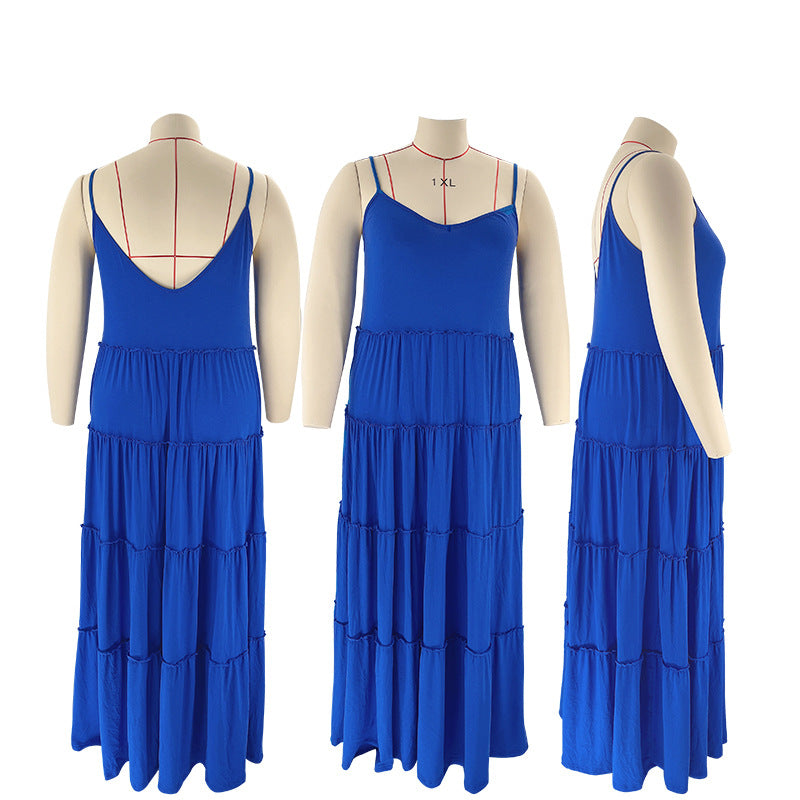 Summer Plus Size Women's Solid Color Sexy Camisole Pleated Patchwork Fashion Casual Dress 19