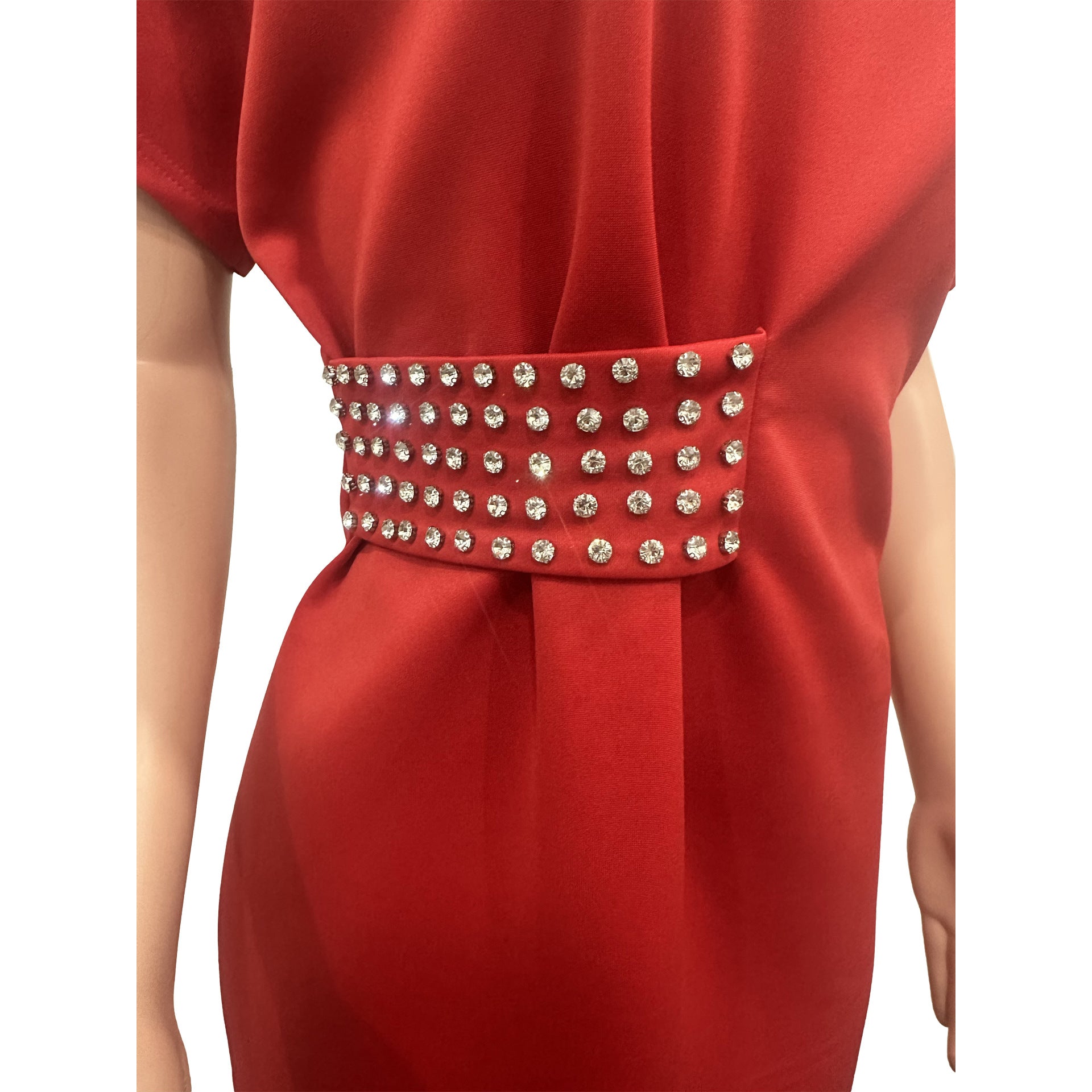 Women Solid Stud Diamond Round Neck Slit Dress 8