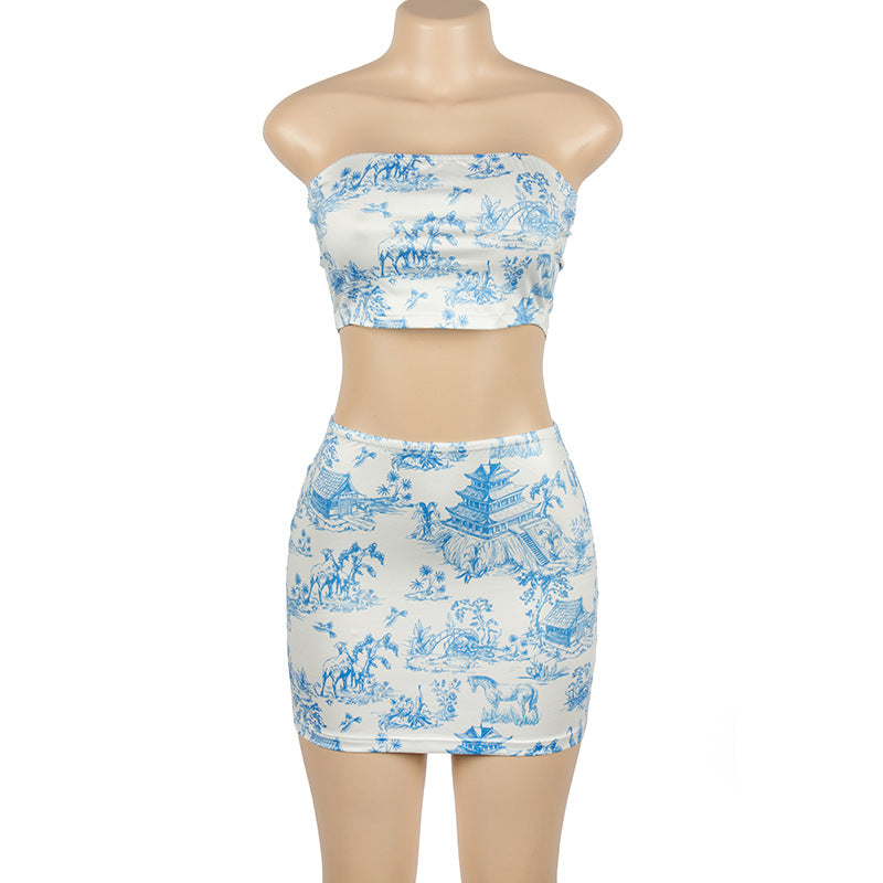 Summer Sleeveless Printed Strapless Top Slim Fit Bodycon Skirt Women's Set 11