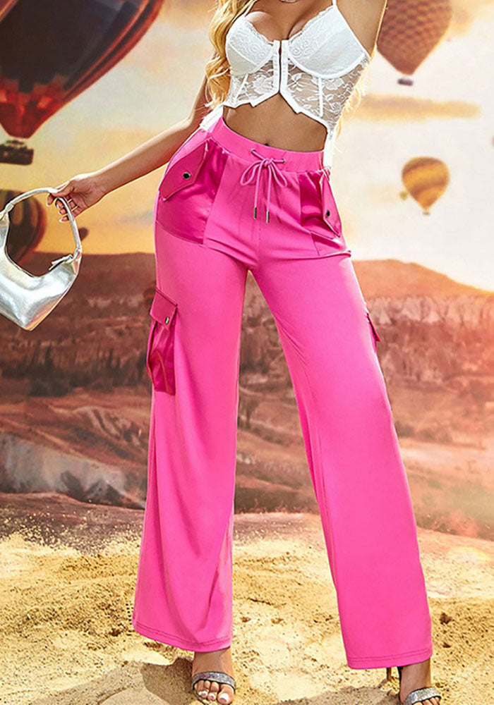 Spring Autumn Street Casual Pocket Pink Cargo Pants Women's Wide Leg Loose Trousers