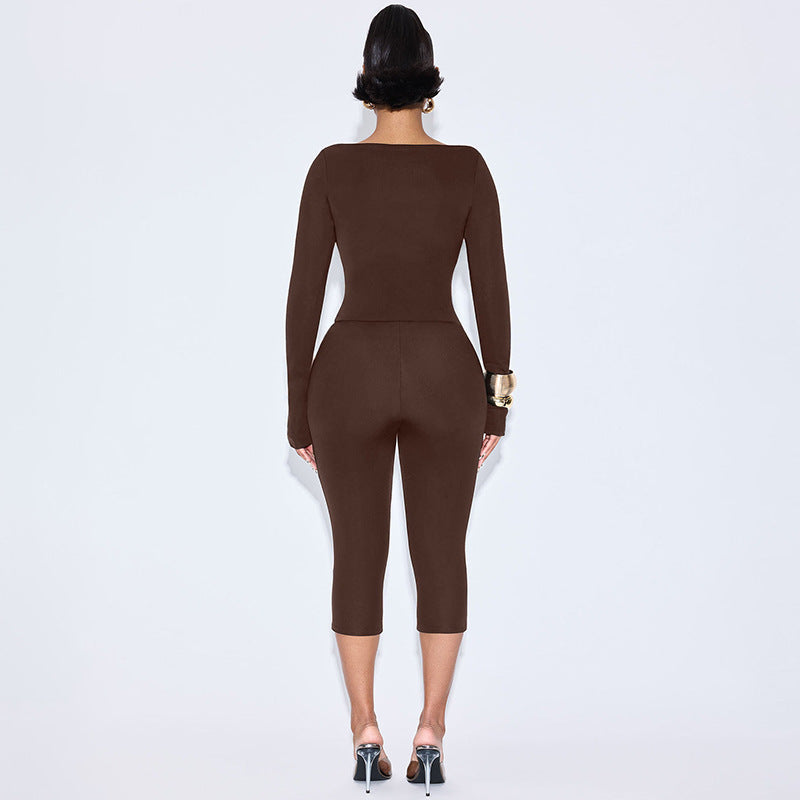 Irregular Slash Shoulder Long Sleeve Top and Solid Capri Two-Piece Set 5