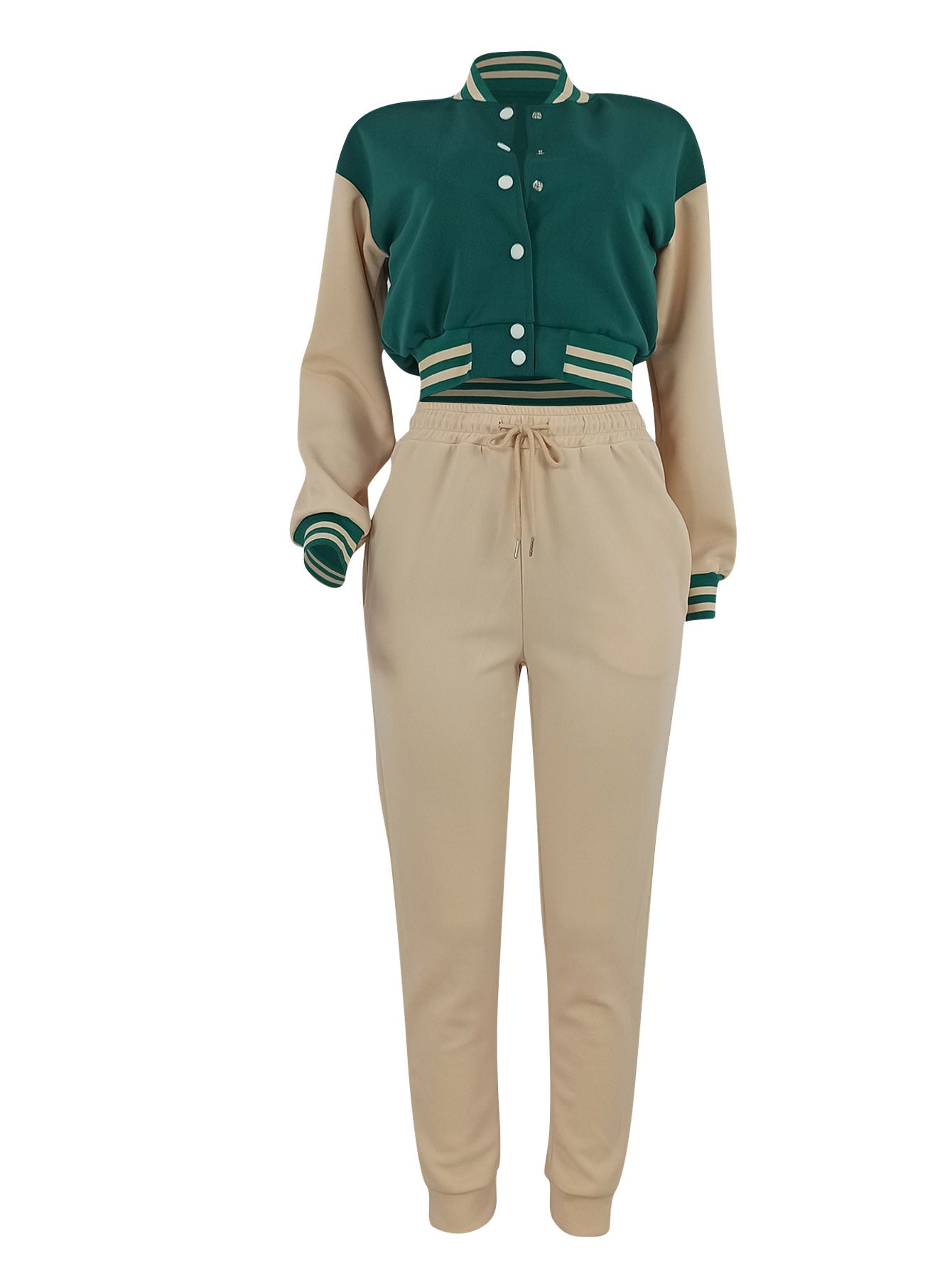 Women's Fashion Contrast Color Baseball Jacket Pants Two-Piece Set 6