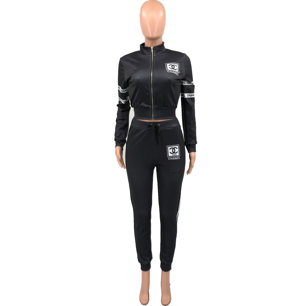 Women's Winter Chic Trendy Print Pants Long Sleeve Zipper Coat Set 11