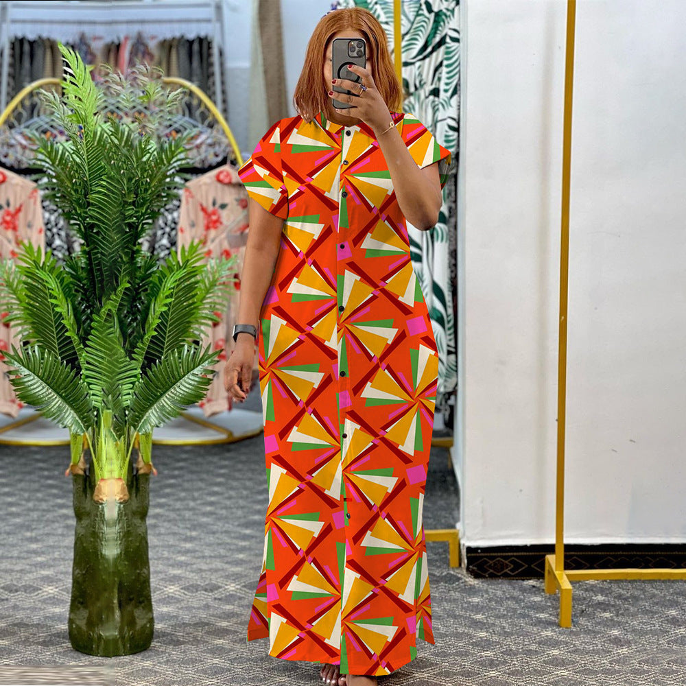 Summer Fashion Printed Short Sleeve Slit Shirt Maxi Dress Plus Size Dress
