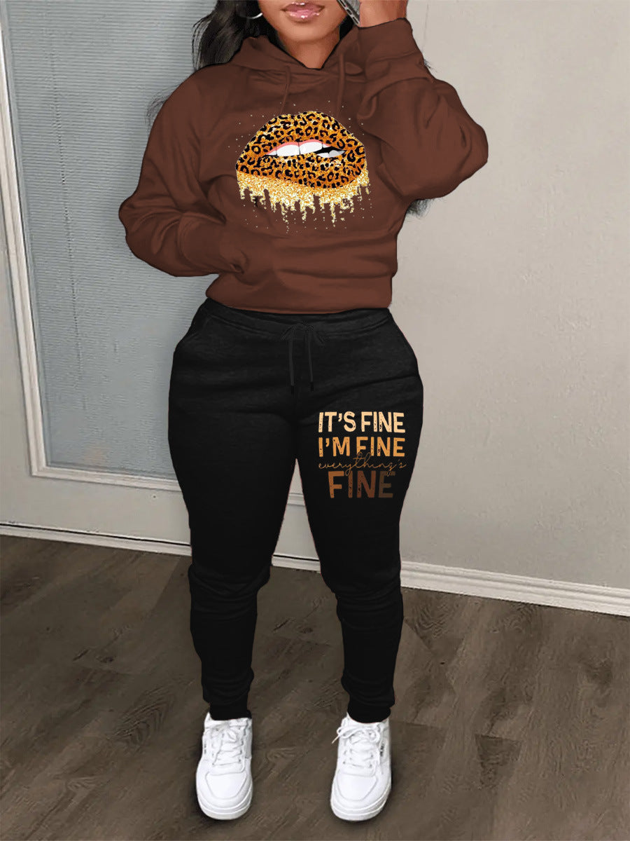 Casual Color Block Tracksuit Letter Printed Hoodies Sweatpants Two Piece Set