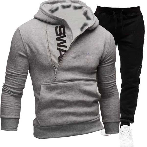 Men's Side Zip Contrast Hood Fleece Hoodies Sweatpants Two Piece Set 16