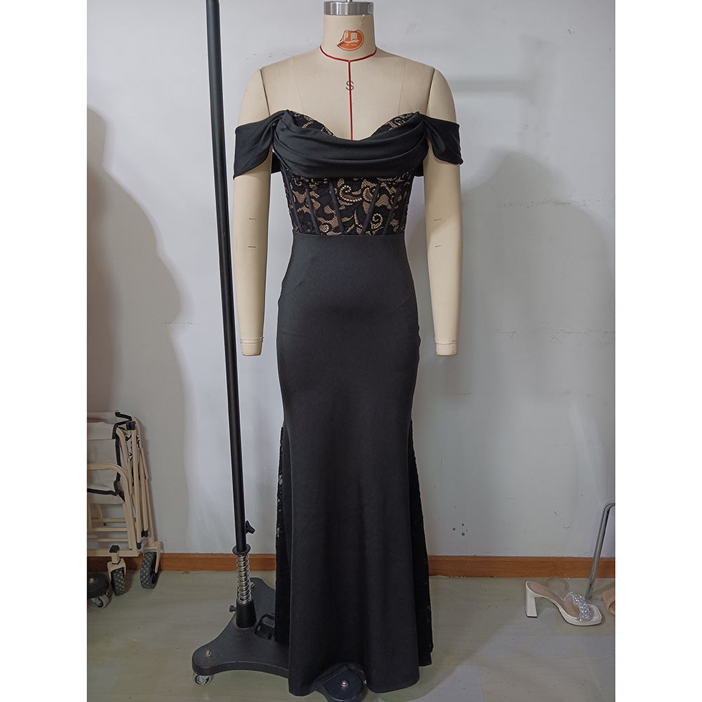 Women spring Summer Off Shoulder Lace Patchwork Evening Dress 7
