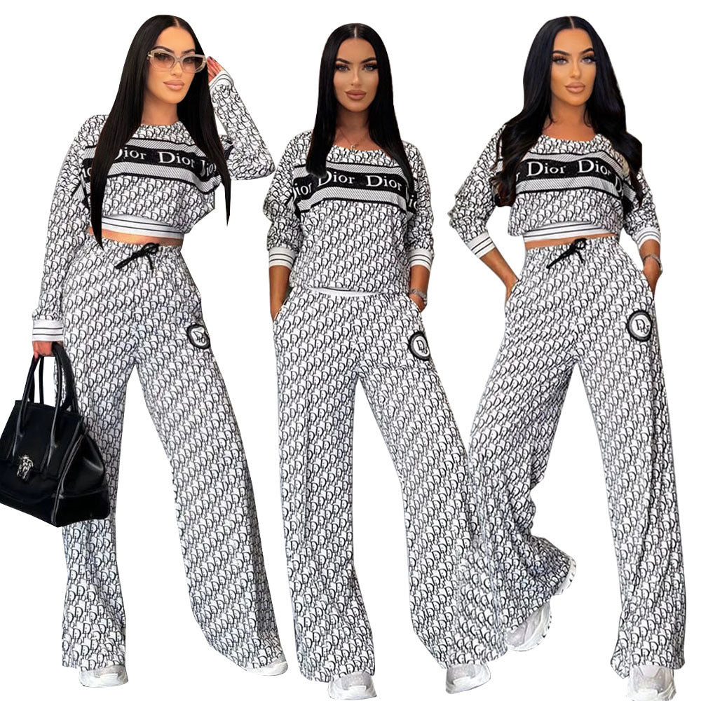 Women's Fashion Casual Trendy Ribbed Long Sleeve Loose Wide Leg Two-Piece Pants Set 10