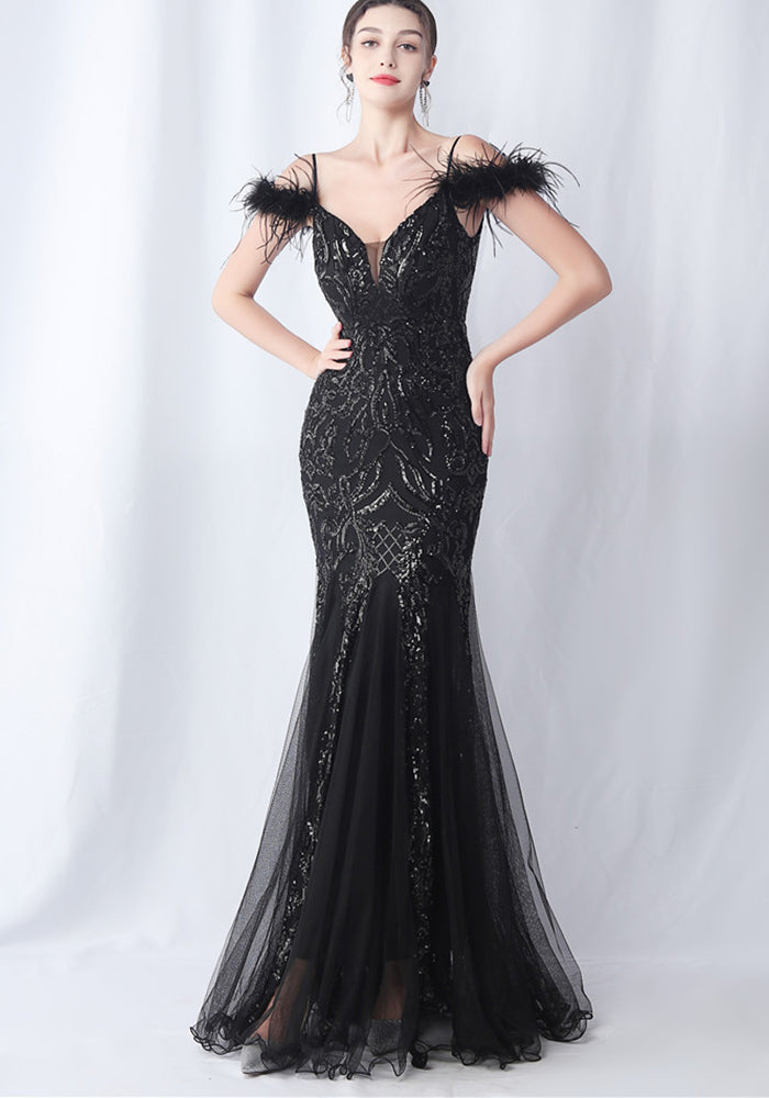 Women ostrich feather mesh floral sequin wedding evening dress 12