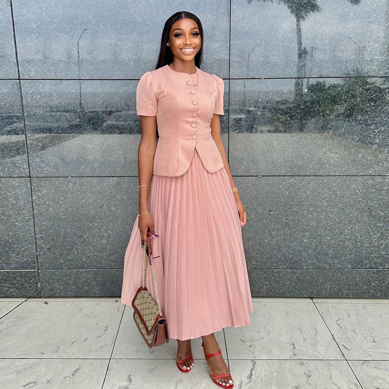 Autumn Career Women Button Short-Sleeved Top Pleated Skirt African Two-Piece Set 4