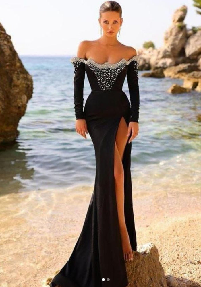 Women Black Luxury Velvet Formal Party Long Sleeve Bead Chain Slit Evening Dress