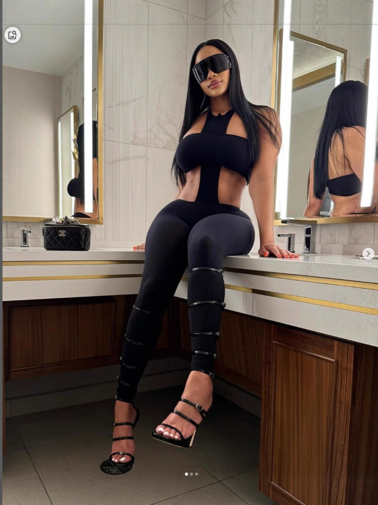 Women Sexy Strapless Halter Neck Top and Pants Two-Piece Set 3