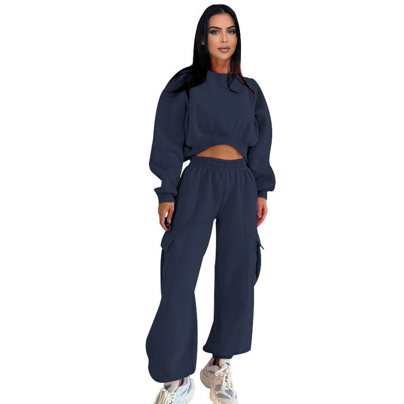 Women's Autumn Round Neck High Waist Hoodies Pocket Loose Sweatpants Suit 9