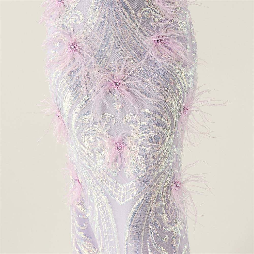 Women Beaded Feather Decoration Beaded Fishtail Evening Dress 23