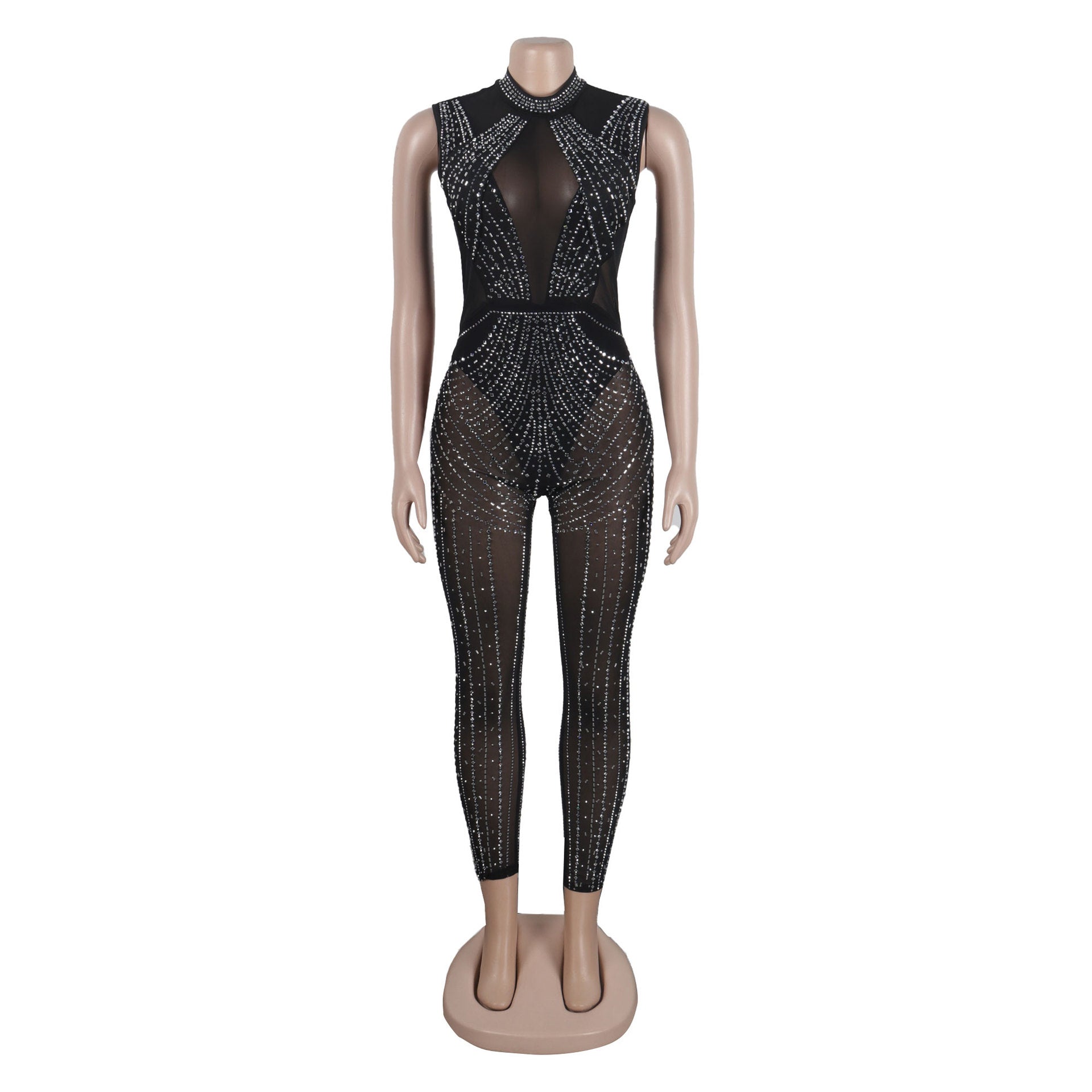 Women Sexy Beaded See-Through Bodycon Stretch Sleeveless Jumpsuit 13