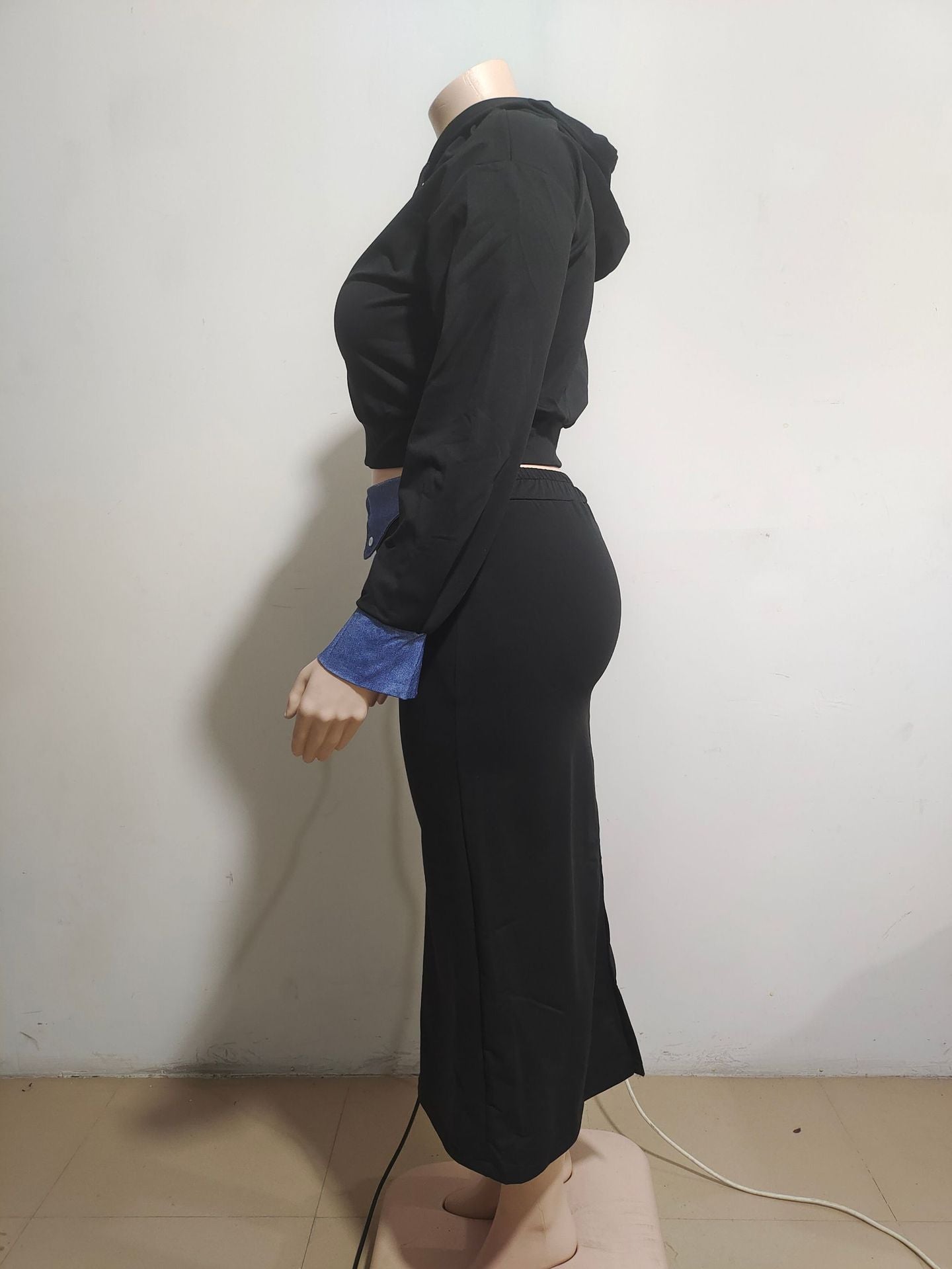 Women Winter Casual Long Sleeve Hoodies and Denim Patchwork Slit Skirt Two-piece Set 13