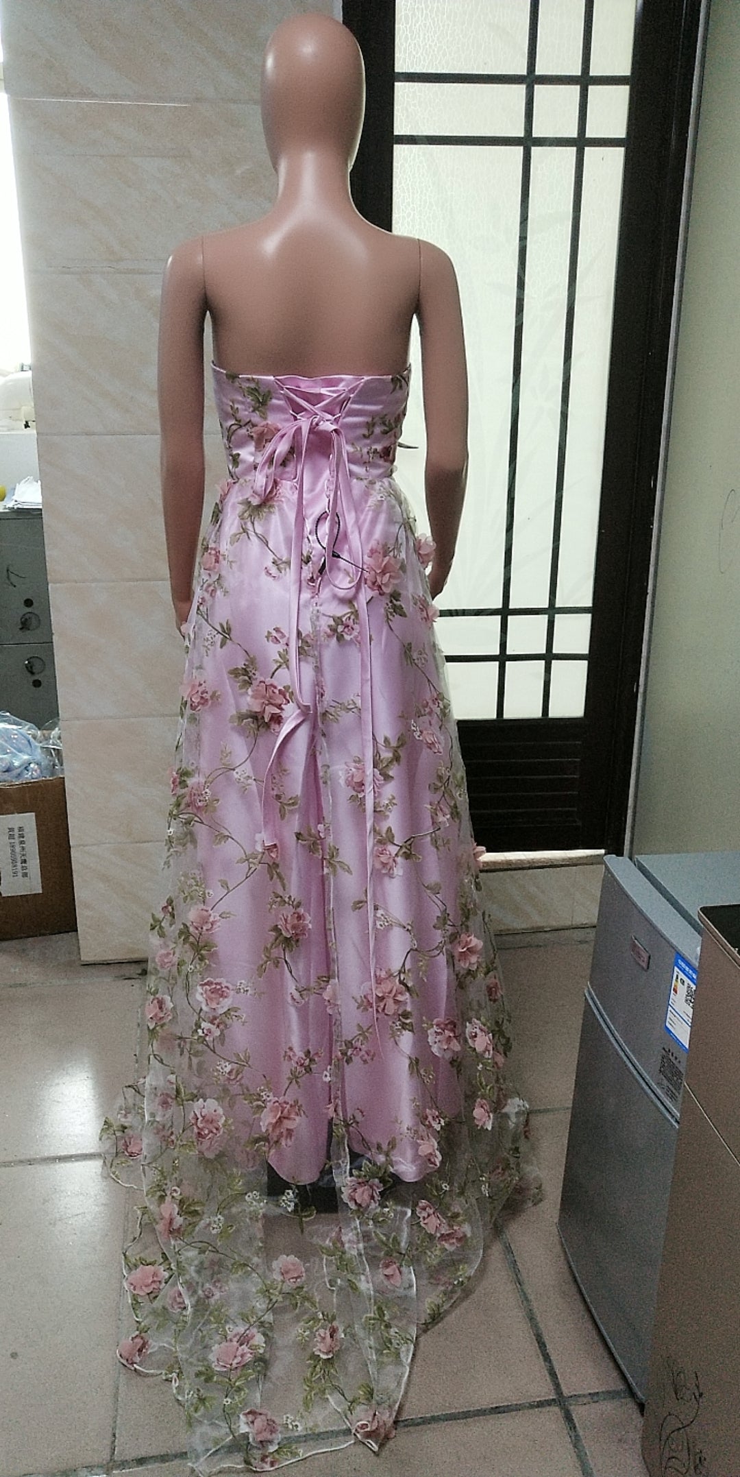 Pink Flower Lace Strapless Bride Wedding Formal Party Evening Dress（Processing time need 3-6 days） 4