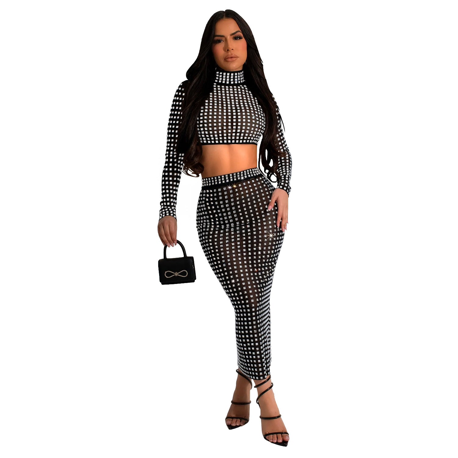 Women Solid Beaded Mesh Top and Pants Two-piece Set 8