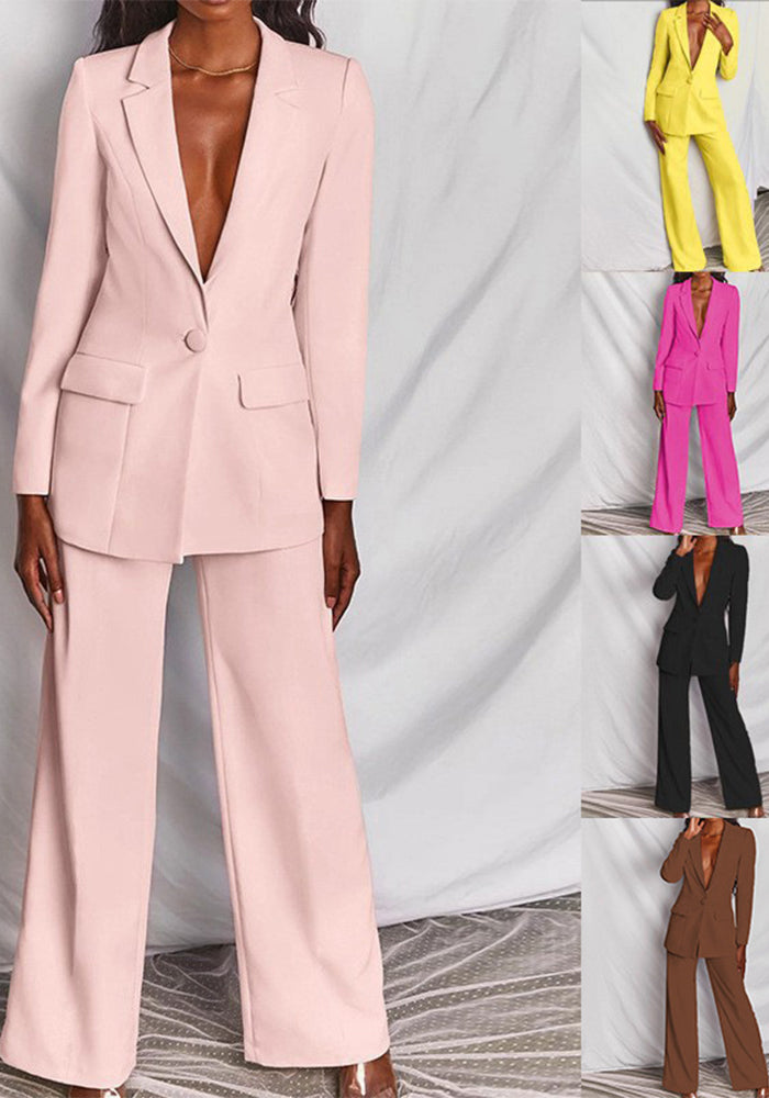 Spring Women's Fashion Chic Long Sleeve Blazer With Straight Pants Set