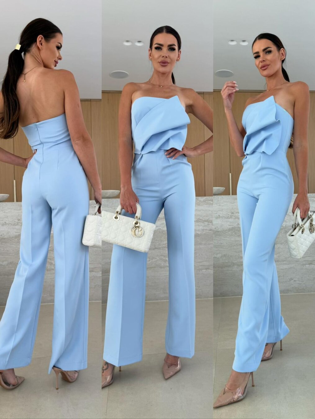 Solid Color Tight Fitting Strapless Low Back High Waist Wide Leg Jumpsuit 7