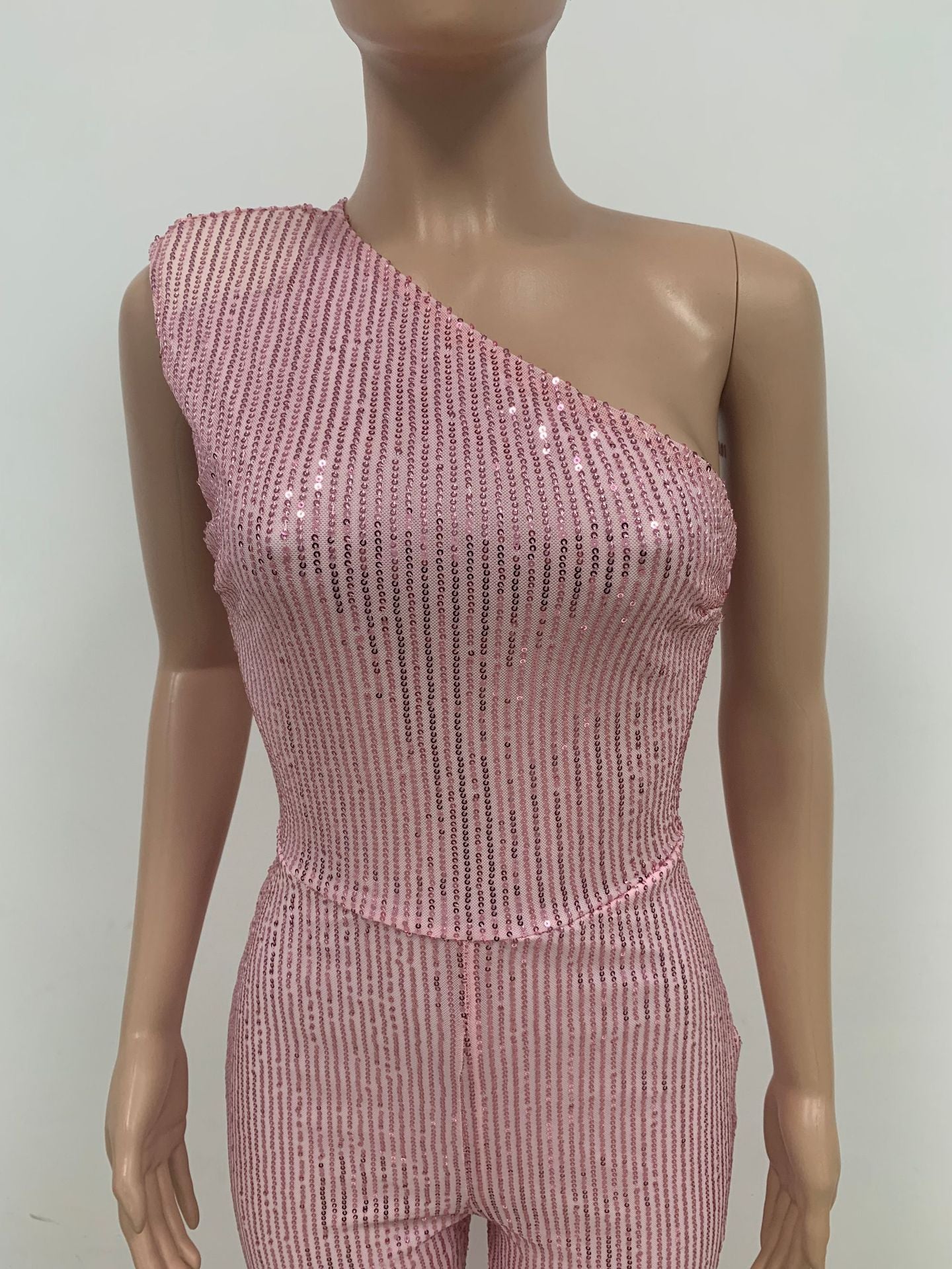 Women's Sleeveless One Shoulder Low Back Sequined Jumpsuit 65