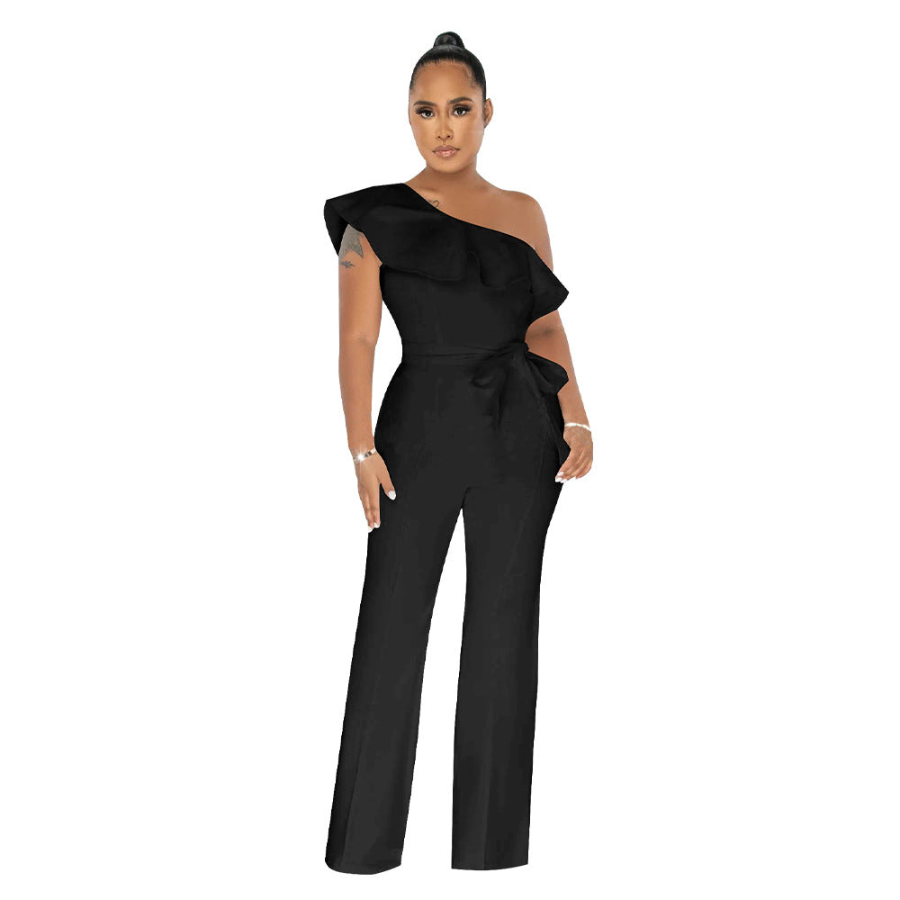 Women Solid Ruffle Jumpsuit with Belt 12